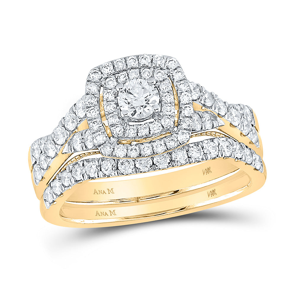 14kt Yellow Gold Round Diamond Halo Bridal Wedding Ring Band Set 1 Cttw