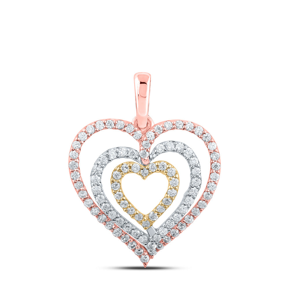 10kt Tri-Tone Gold Womens Round Diamond Nested Heart Pendant 1/2 Cttw