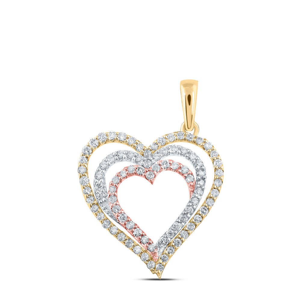 10kt Tri-Tone Gold Womens Round Diamond Nested Heart Pendant 1/2 Cttw