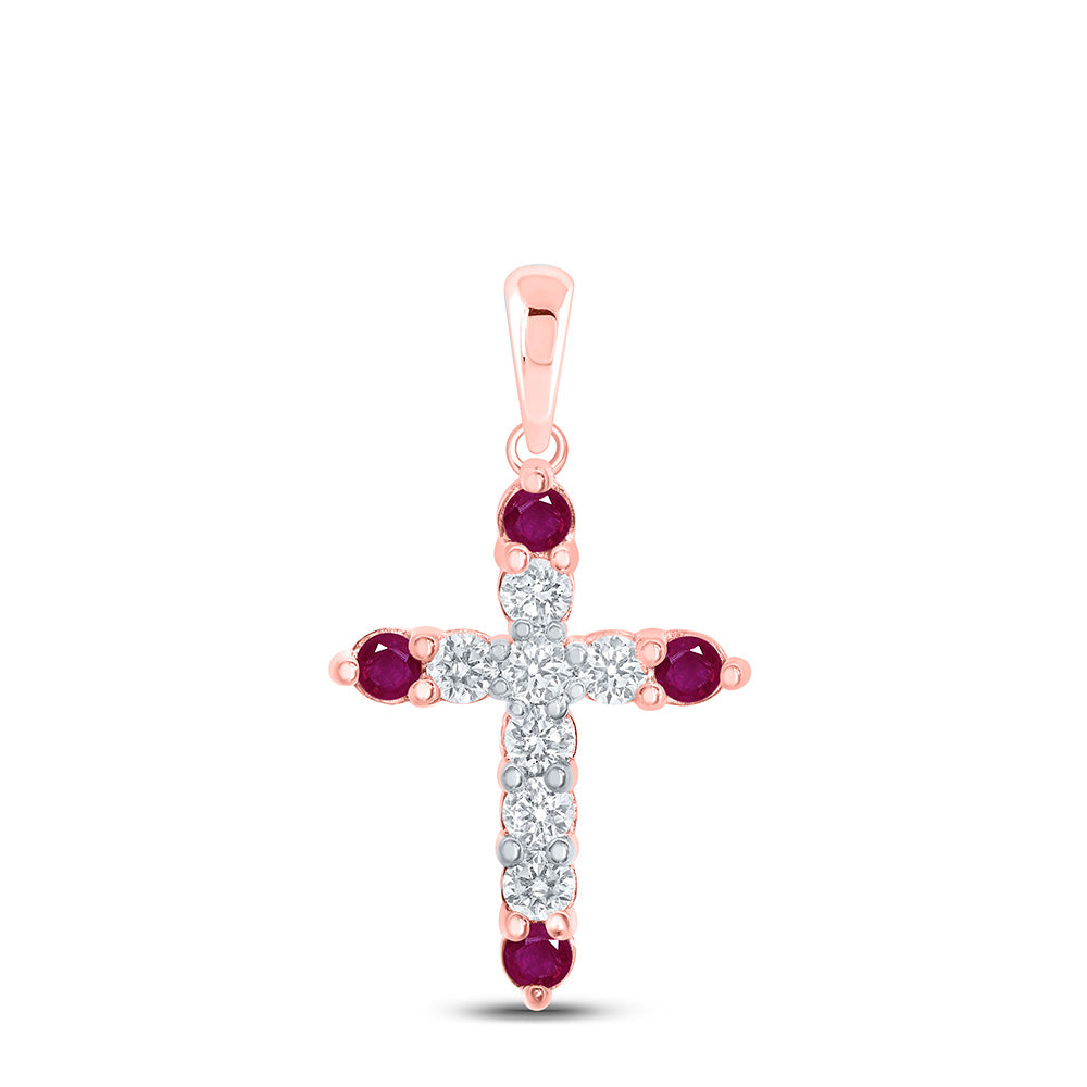 10kt Rose Gold Womens Round Ruby Diamond Cross Pendant 1/4 Cttw