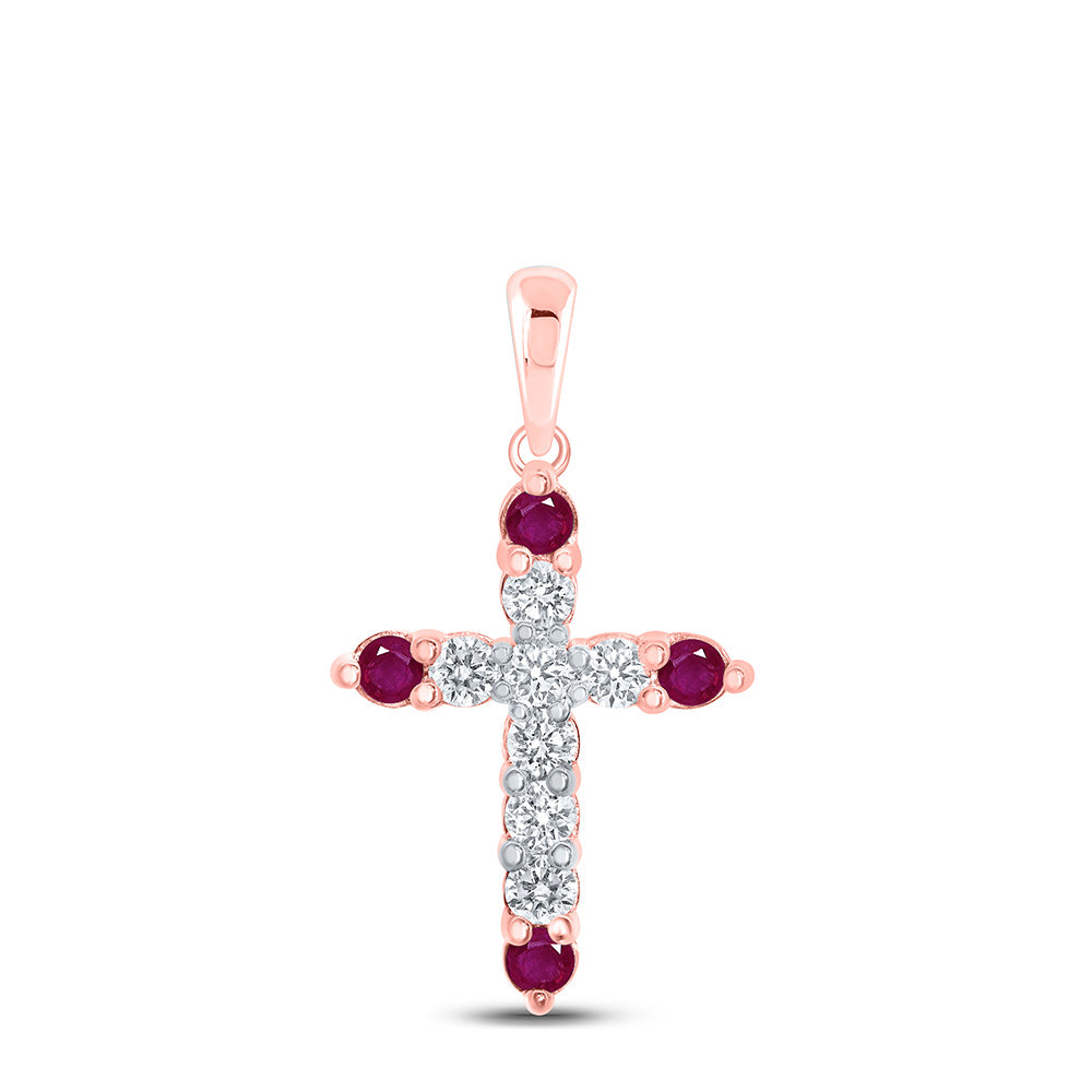 10kt Rose Gold Womens Round Ruby Diamond Cross Pendant 1/2 Cttw