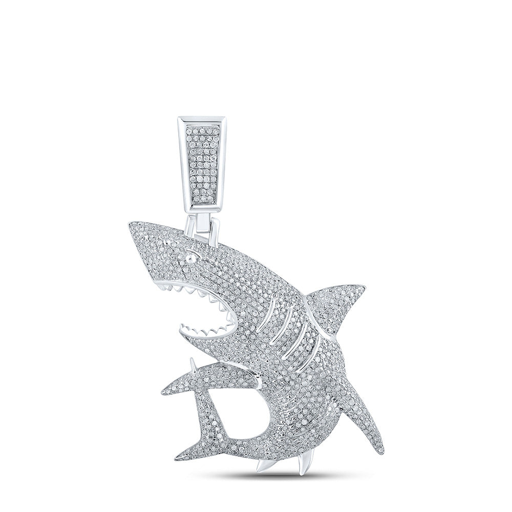 10kt White Gold Mens Round Diamond Shark Charm Pendant 1-1/2 Cttw