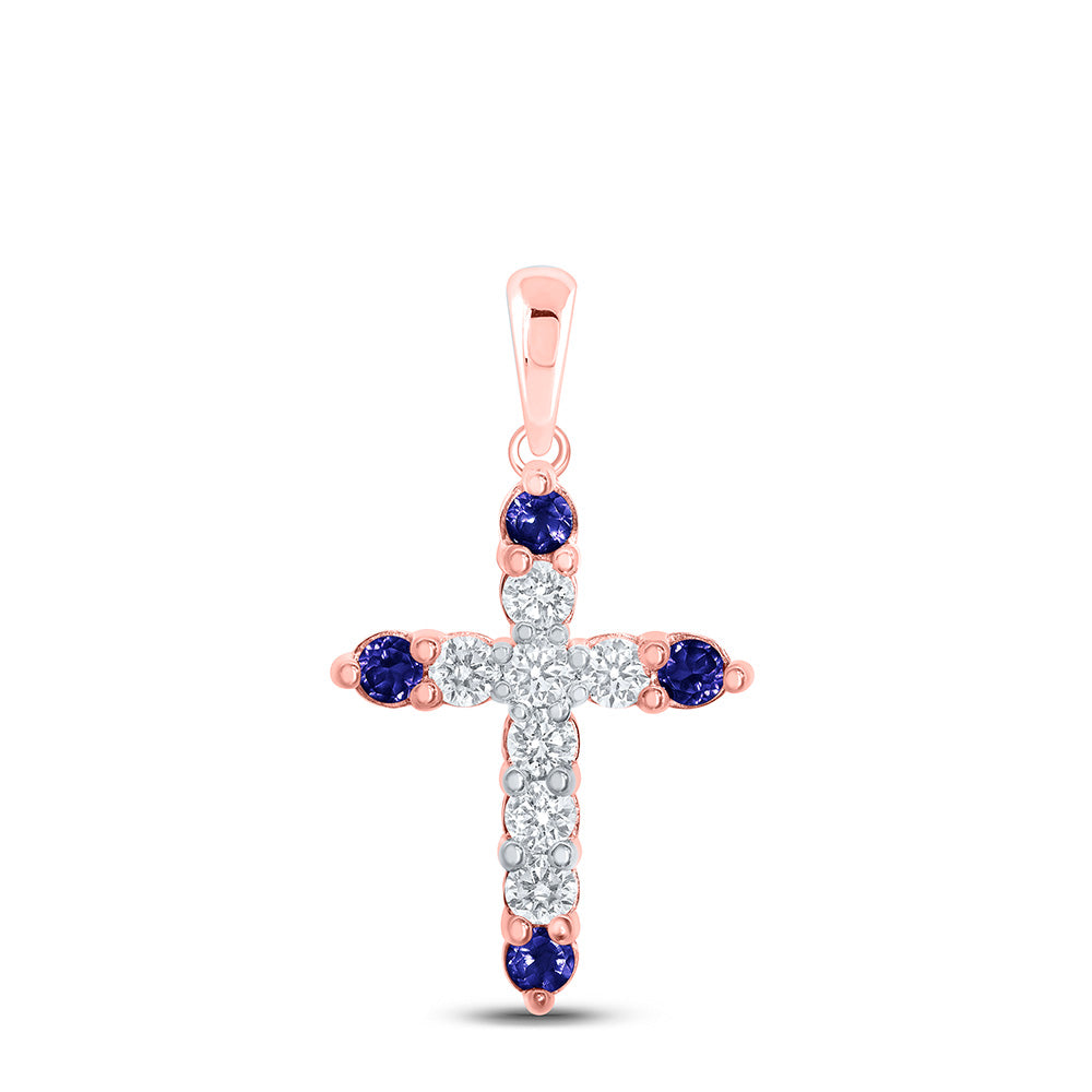 10kt Rose Gold Womens Round Blue Sapphire Diamond Cross Pendant 1/4 Cttw