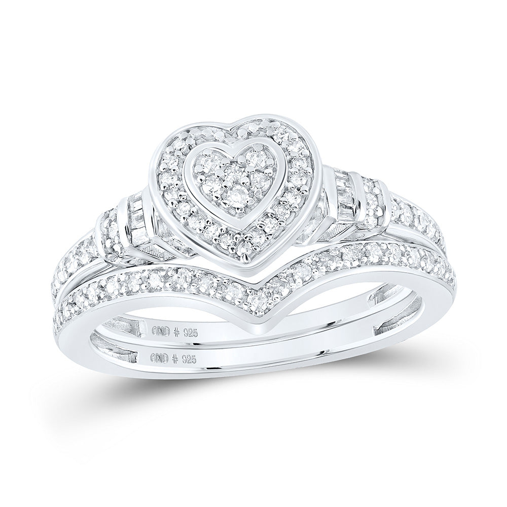 Sterling Silver Round Diamond Heart Bridal Wedding Ring Band Set 1/3 Cttw