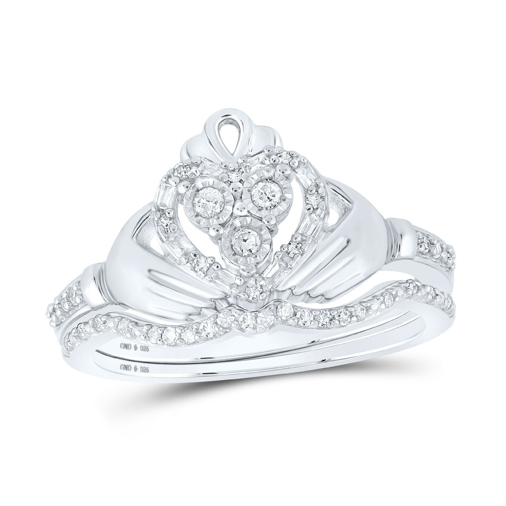 Sterling Silver Round Diamond Claddagh Bridal Wedding Ring Band Set 1/5 Cttw