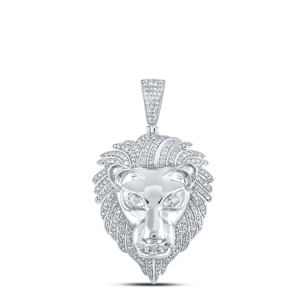 10kt White Gold Mens Round Diamond Lion Face Charm Pendant 1-1/3 Cttw