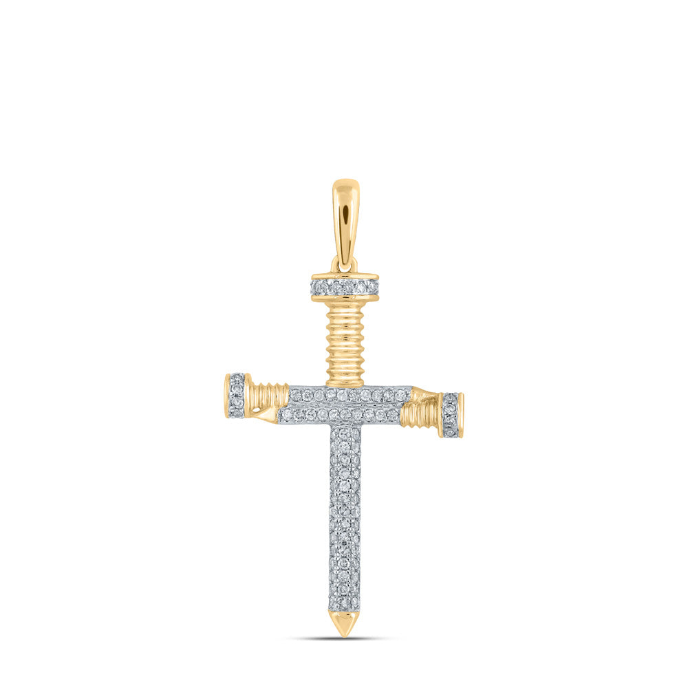 14kt Yellow Gold Mens Round Diamond Nail Cross Charm Pendant 1/3 Cttw