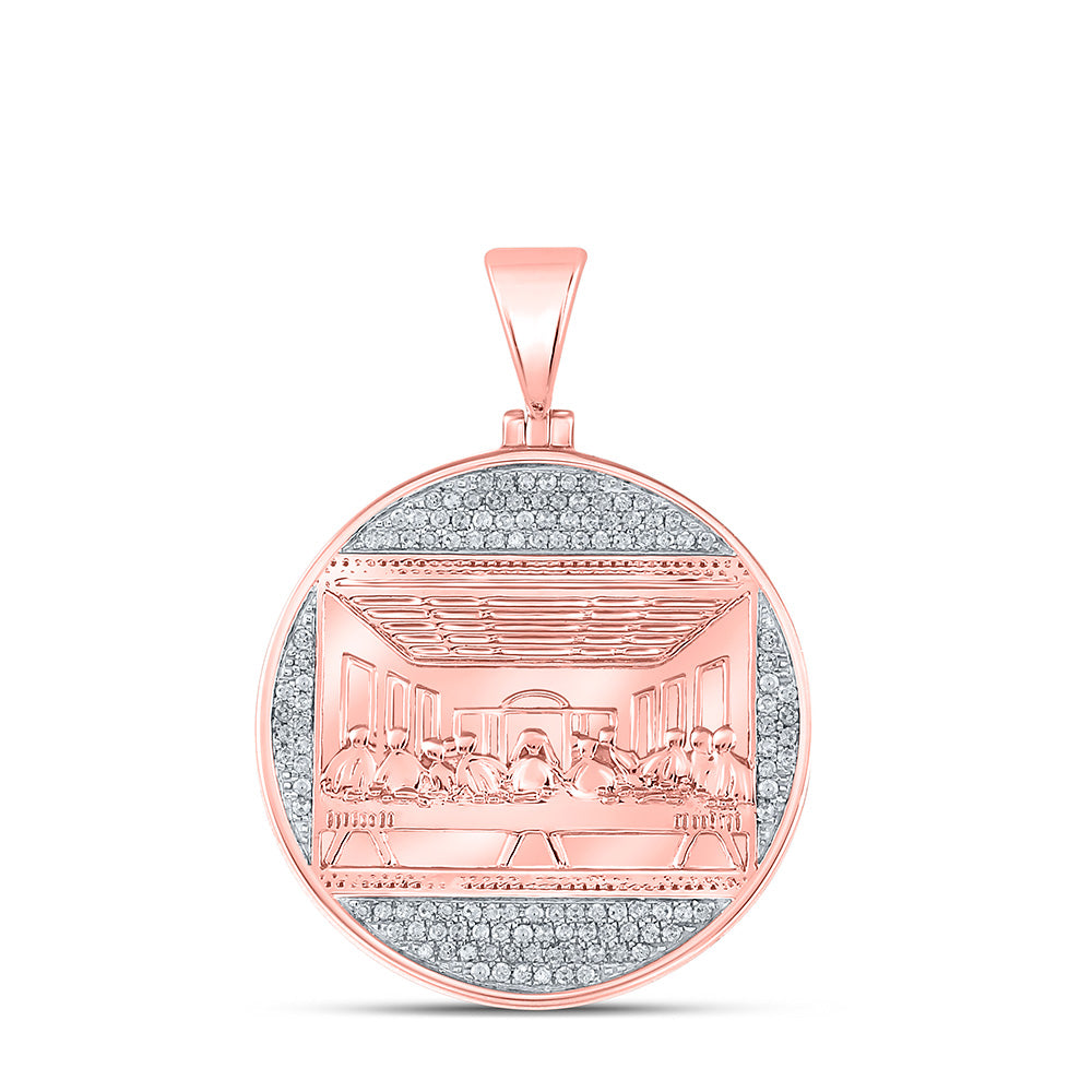 10kt Rose Gold Mens Round Diamond Last Supper Circle Charm Pendant 1/2 Cttw