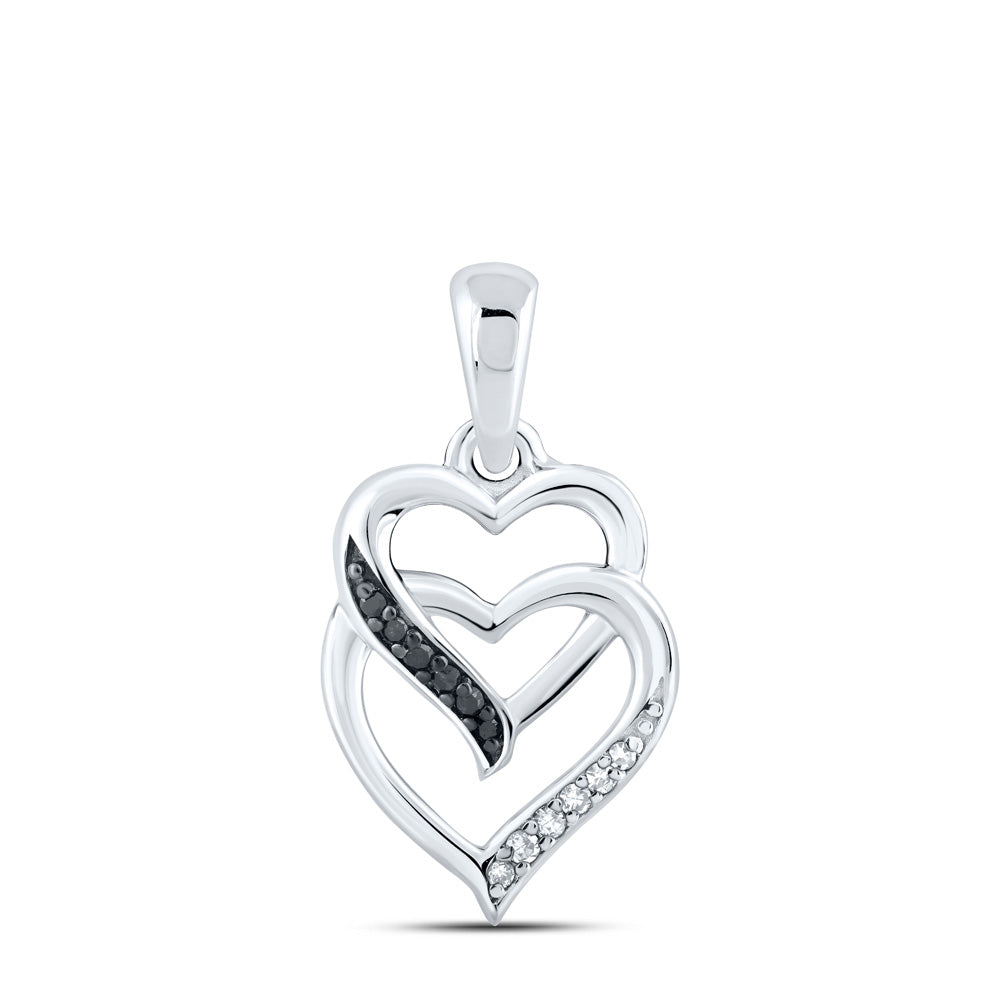 Sterling Silver Womens Round Diamond Double Heart Pendant 1/20 Cttw