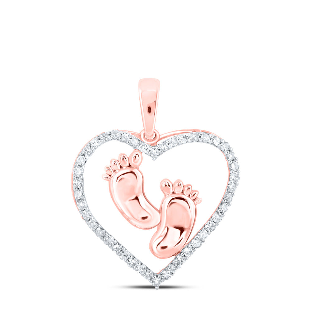 10kt Rose Gold Womens Round Diamond Footsteps Heart Pendant 1/3 Cttw