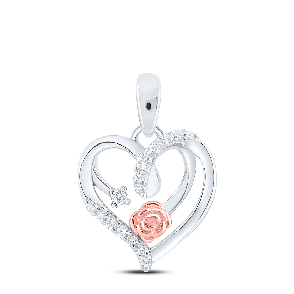 Sterling Silver Womens Round Diamond Rose Heart Pendant 1/12 Cttw