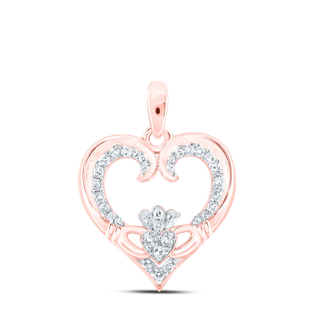 10kt Rose Gold Womens Round Diamond Claddagh Heart Pendant 1/6 Cttw