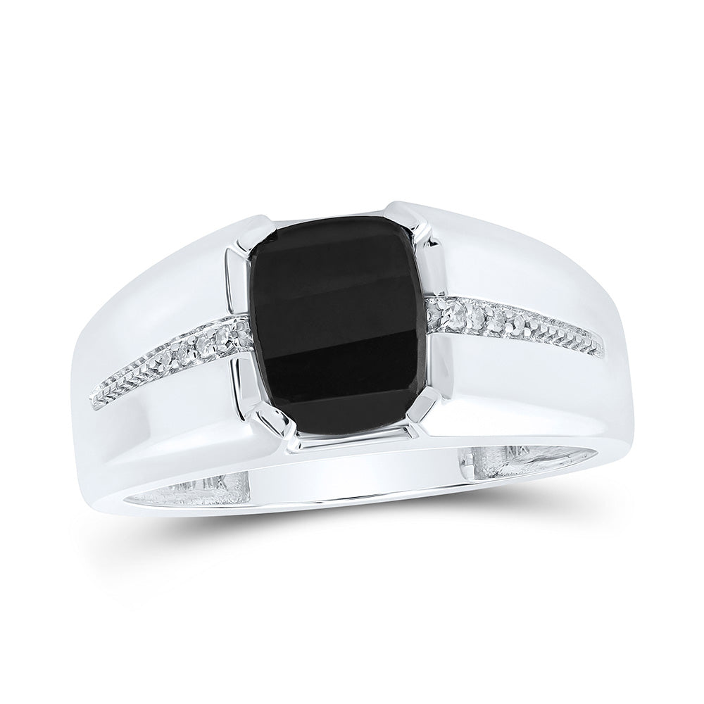 10kt White Gold Mens Cushion Onyx Diamond Band Ring 2 Cttw