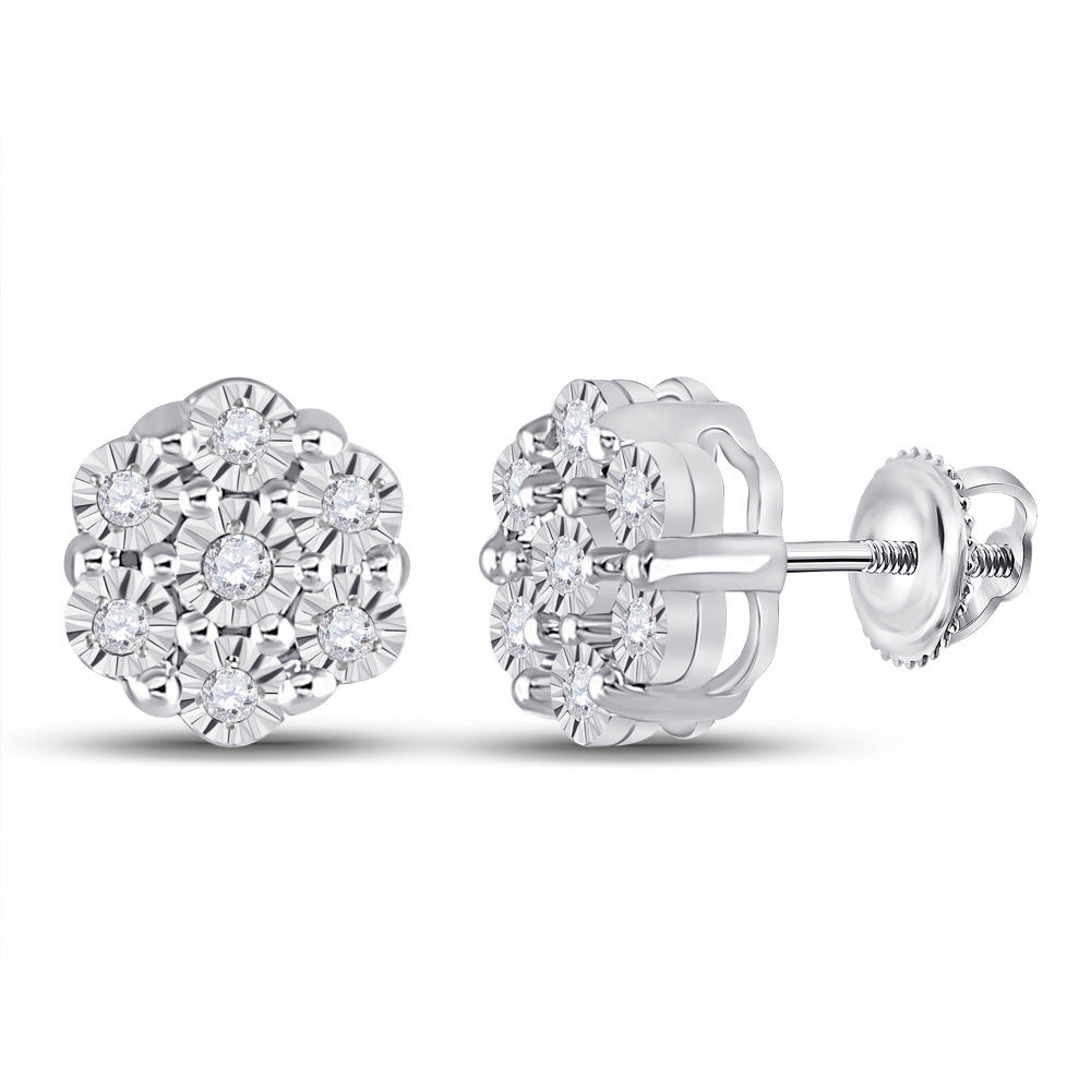 10kt White Gold Womens Round Diamond Flower Cluster Earrings 1/10 Cttw