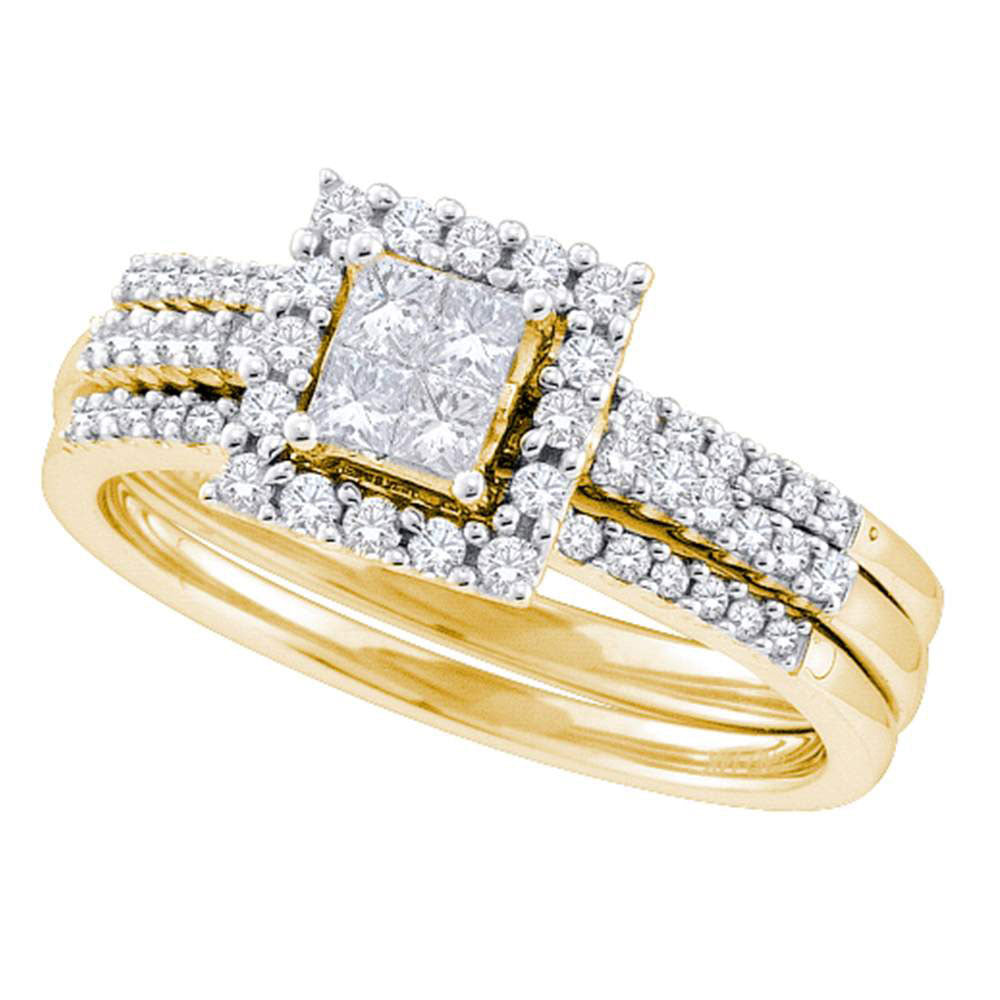 14kt Yellow Gold Princess Diamond 3-Piece Bridal Wedding Ring Band Set 1/2 Cttw