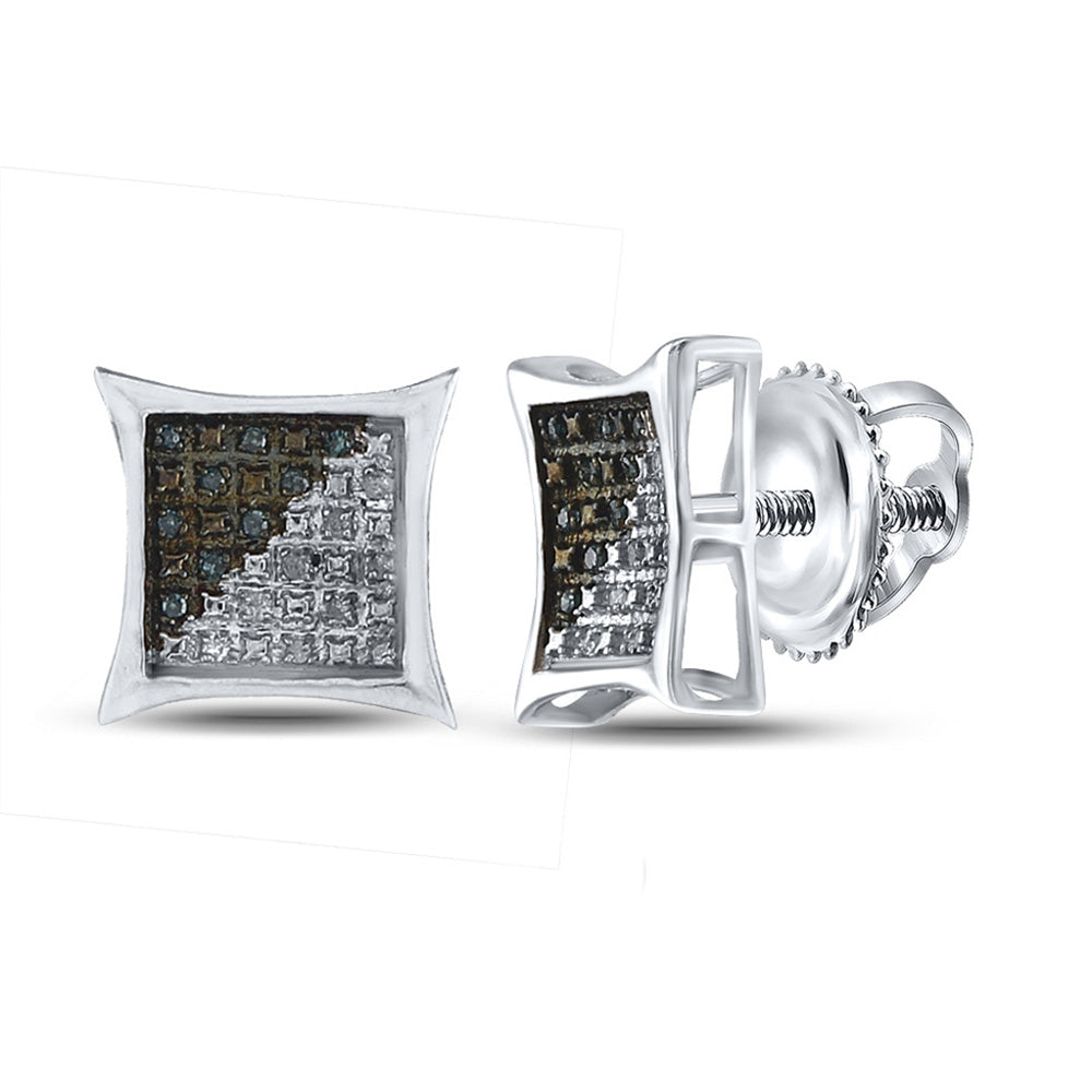 Sterling Silver Mens Round Blue Color Enhanced Diamond Kite Square Earrings 1/8 Cttw