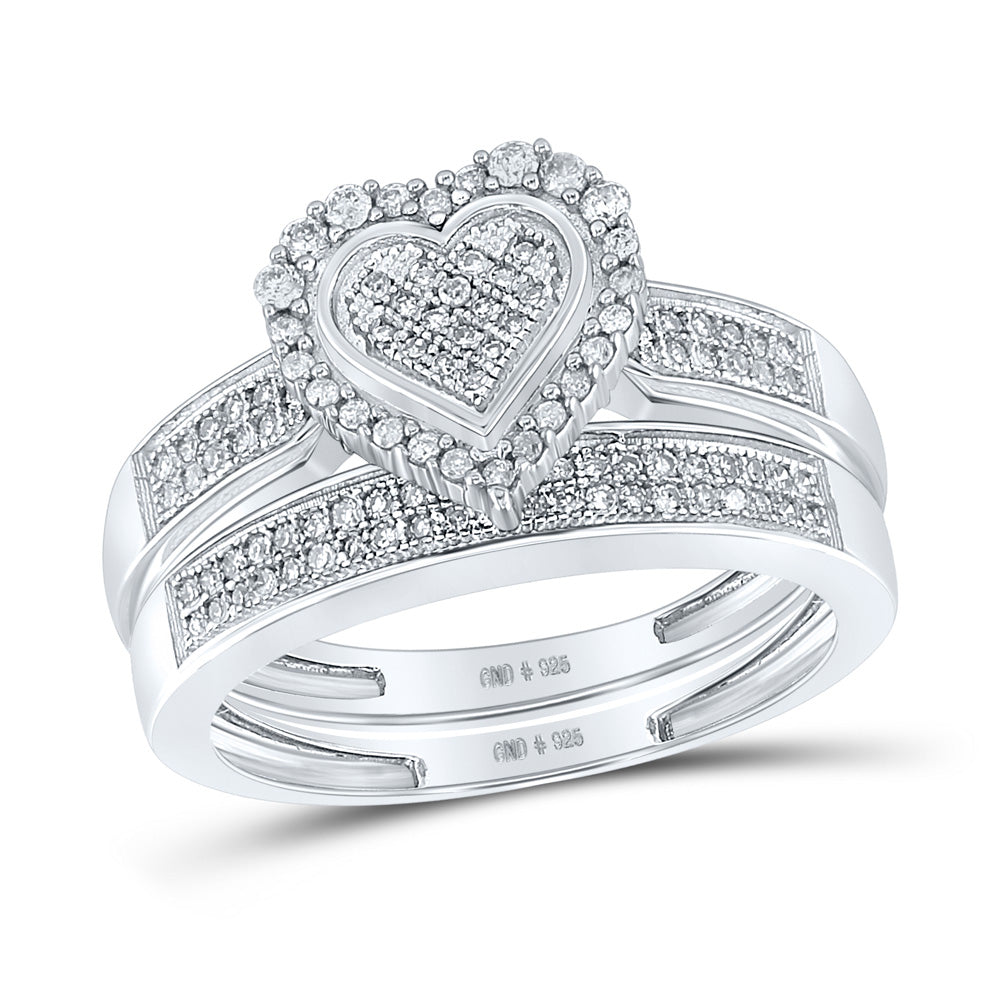 Sterling Silver Round Diamond Heart Bridal Wedding Ring Band Set 3/8 Cttw