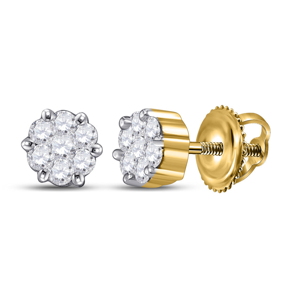 14kt Yellow Gold Womens Round Diamond Flower Cluster Earrings 1/3 Cttw