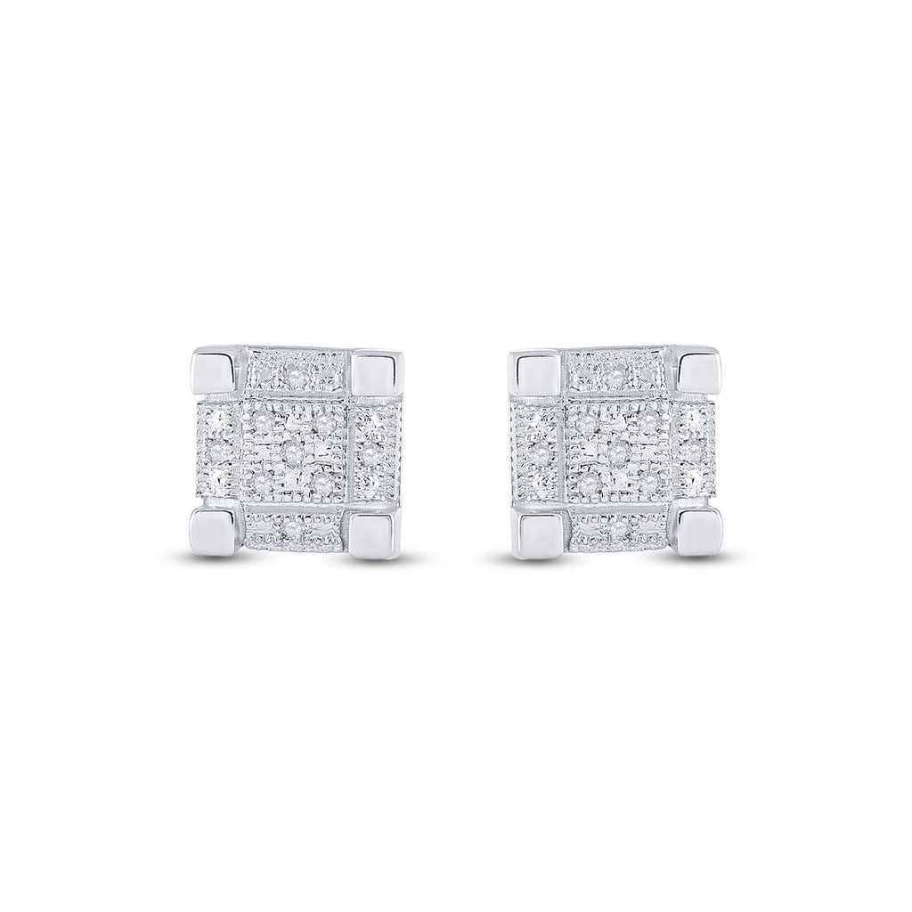 Sterling Silver Mens Round Diamond 3D Cube Square Earrings 1/20 Cttw