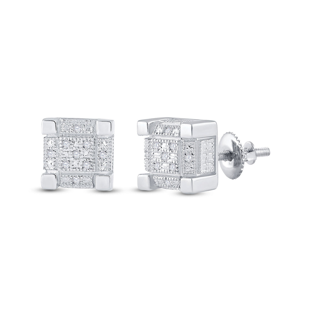 Sterling Silver Mens Round Diamond 3D Cube Square Earrings 1/20 Cttw