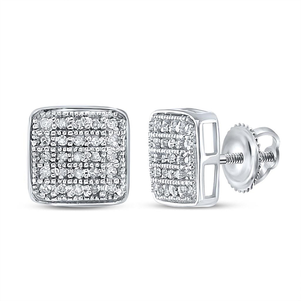 Sterling Silver Womens Round Diamond Square Earrings 1/6 Cttw