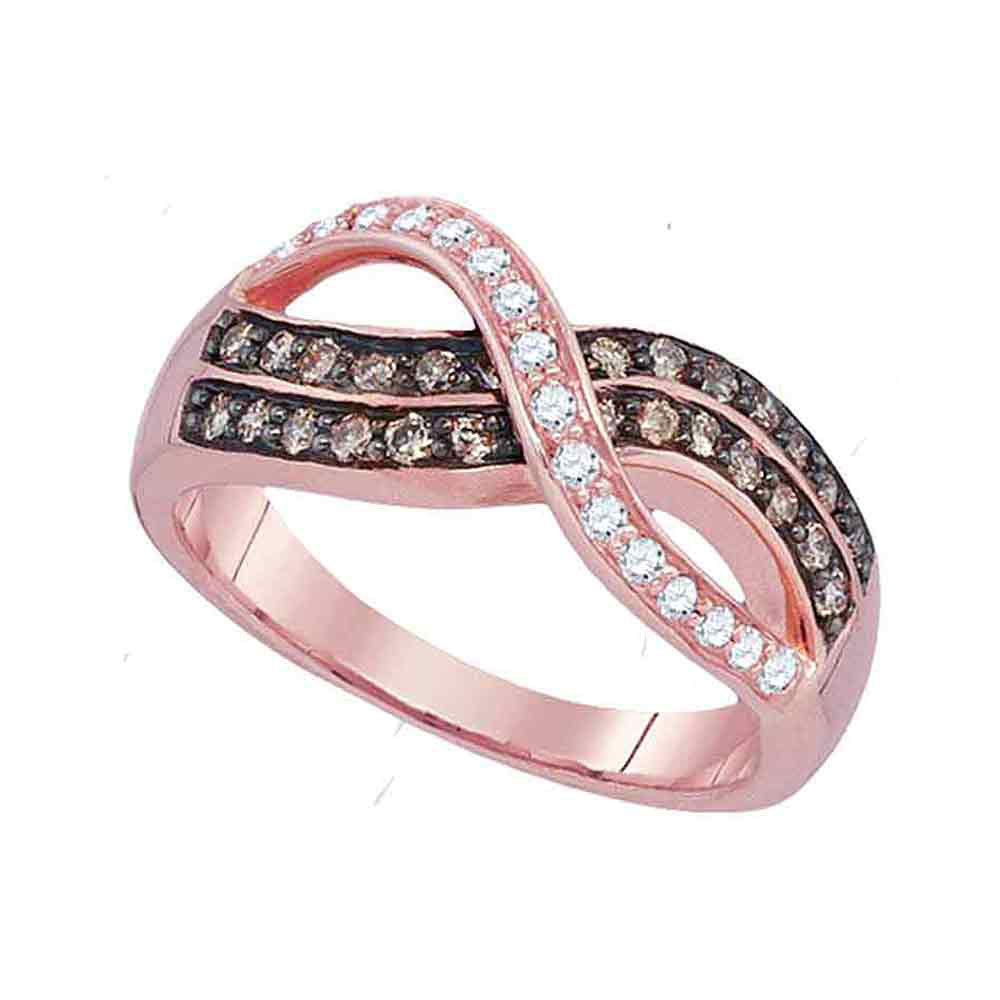 10kt Rose Gold Womens Round Brown Diamond Crossover Band Ring 1/2 Cttw